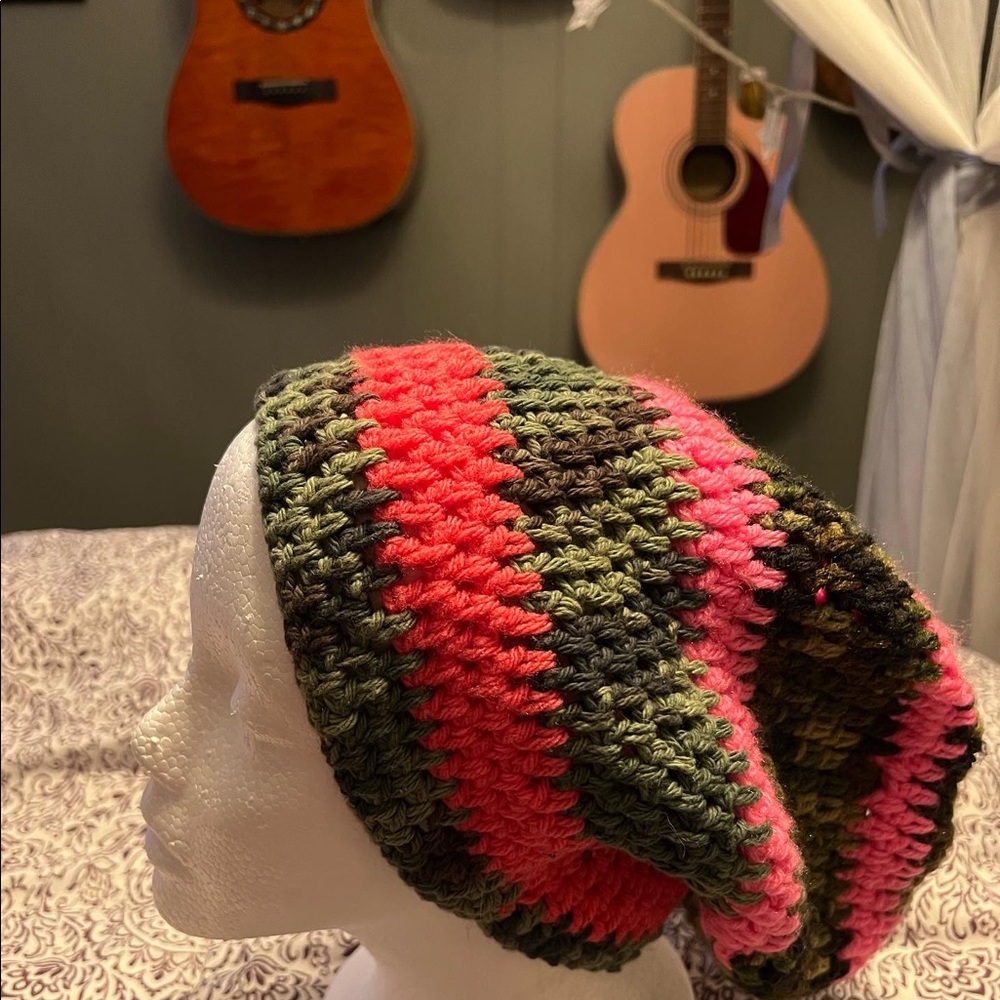 Handmade pink & camo slouchy beanie